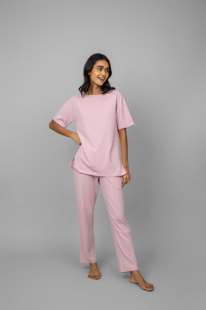 Blush pink lounge pants for comfortable and stylish lounging.