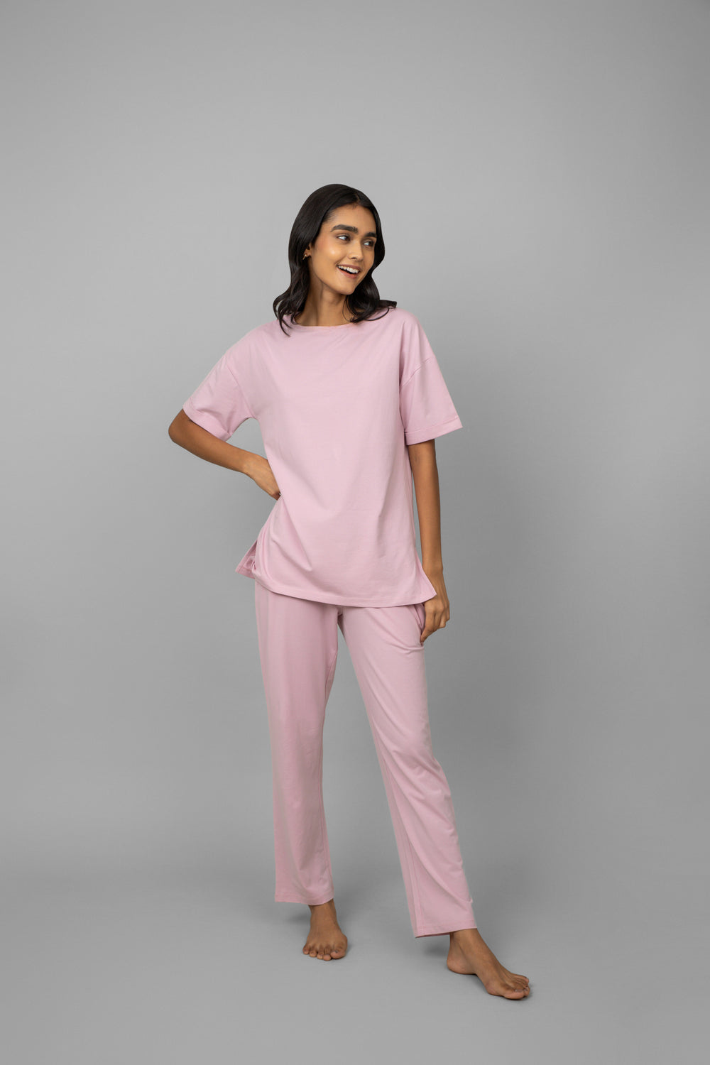 Blush Pink Cotton Lycra Side Slit Pajama Set