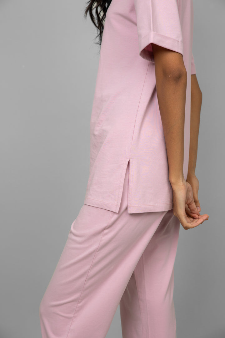 Blush pink cotton lycra pajama set with side slit design.