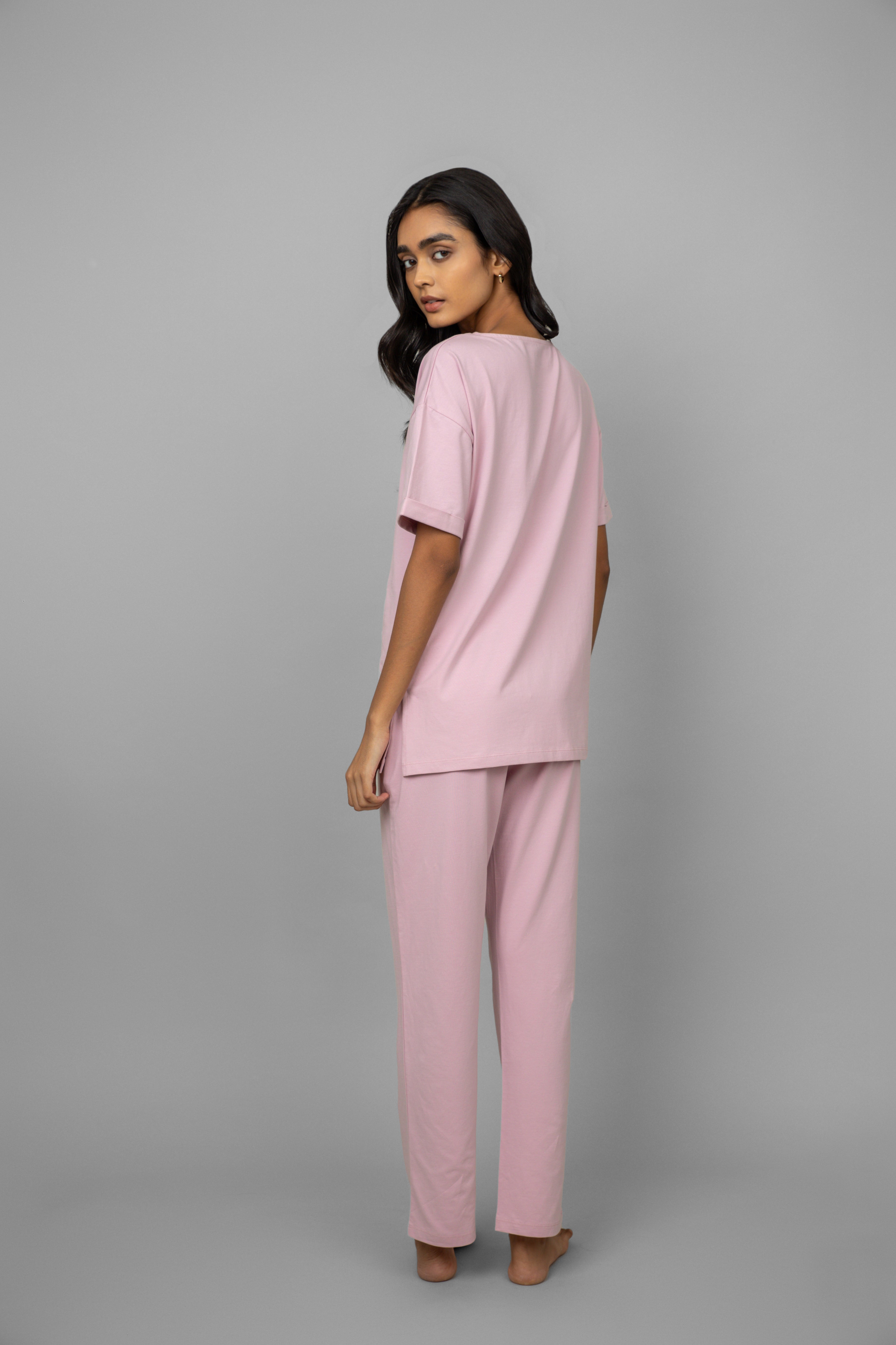 Blush Pink Cotton Lycra Side Slit Pajama Set NeceSera