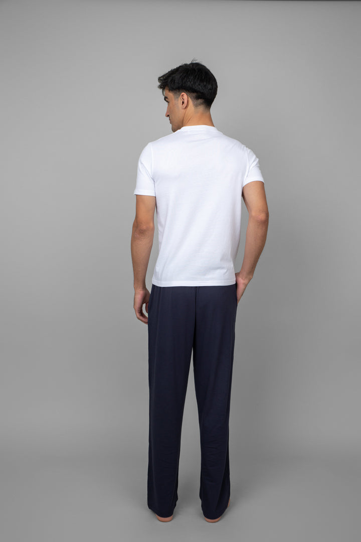 White men's lounger set featuring a t-shirt and pants style.