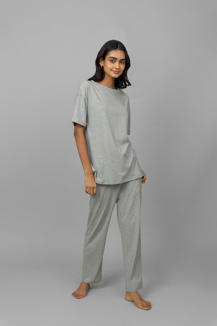 Grey Mélange Long Top model showcasing stylish, comfortable loungewear.
