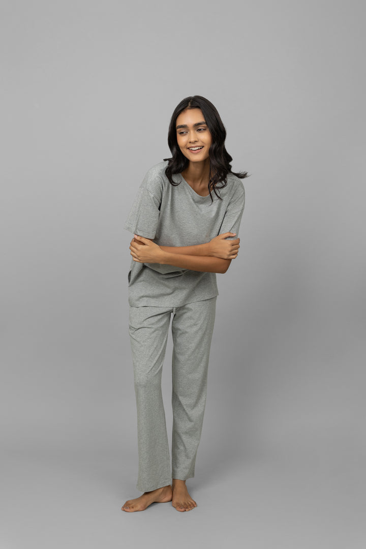 Grey melange cotton lycra side slit pajama set on model.