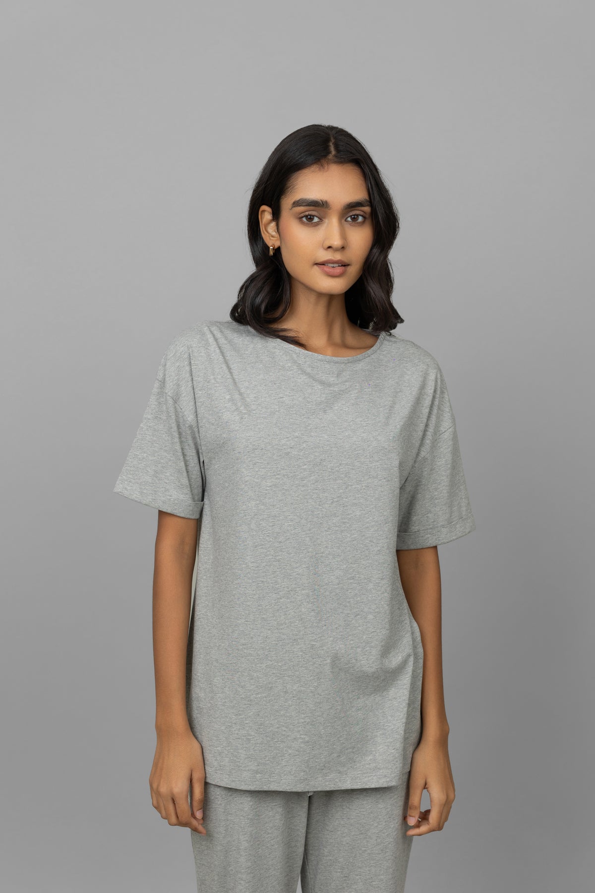 Grey Mélange Long Top on model, casual and stylish summer wear.