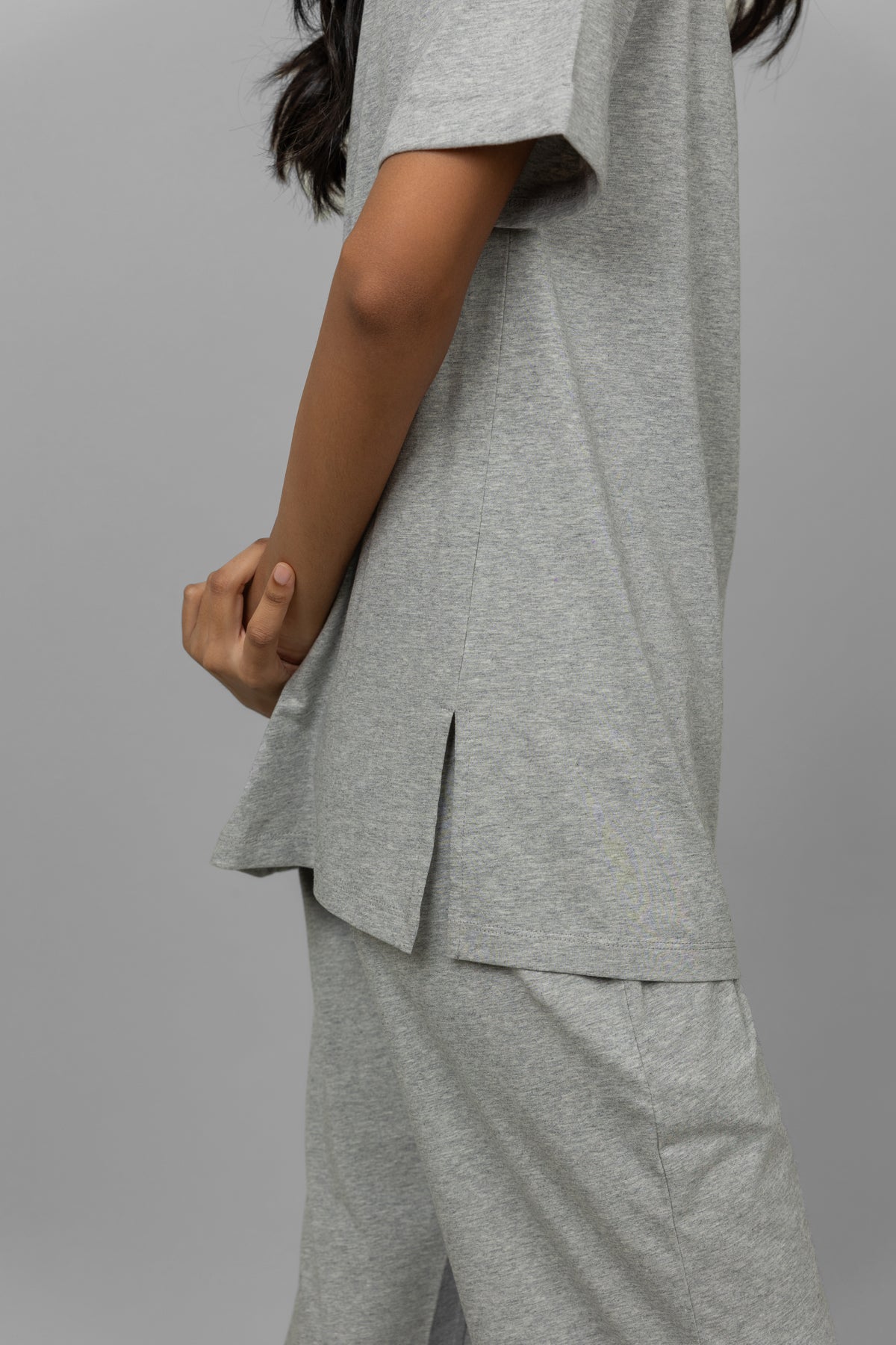 Grey Mélange Long Top with stylish side slits for comfort.