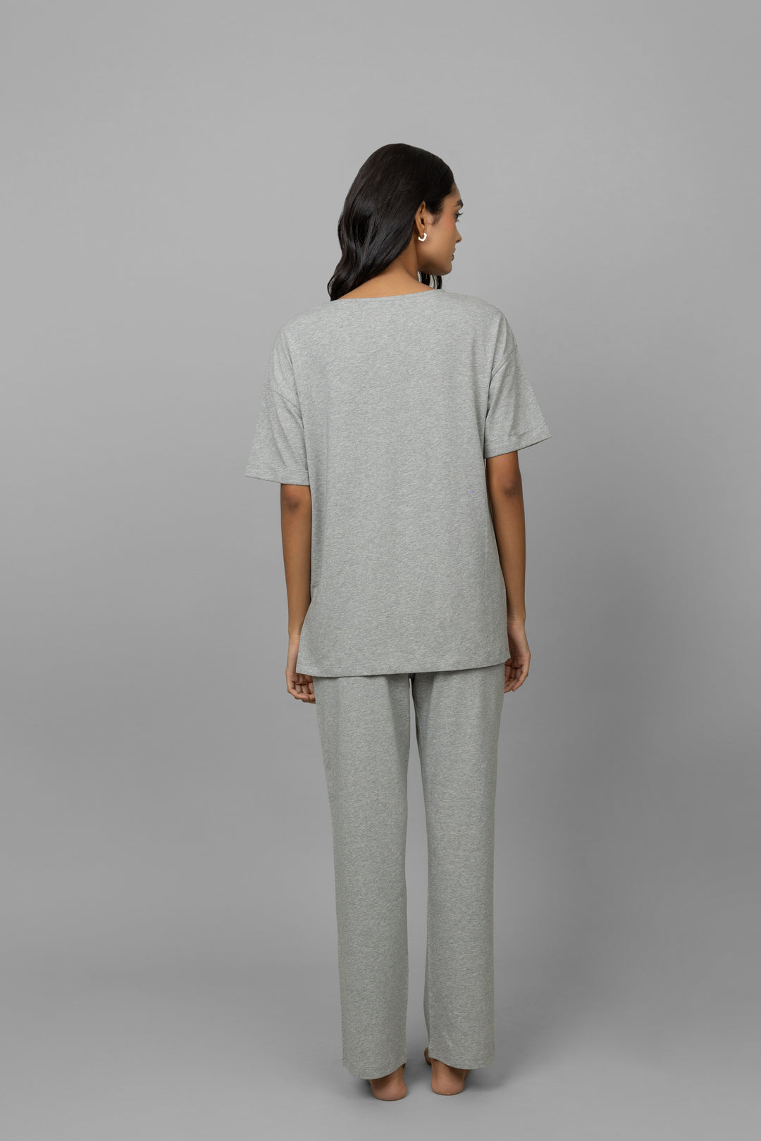 Grey melange cotton lycra side slit pajama set for comfortable loungewear.