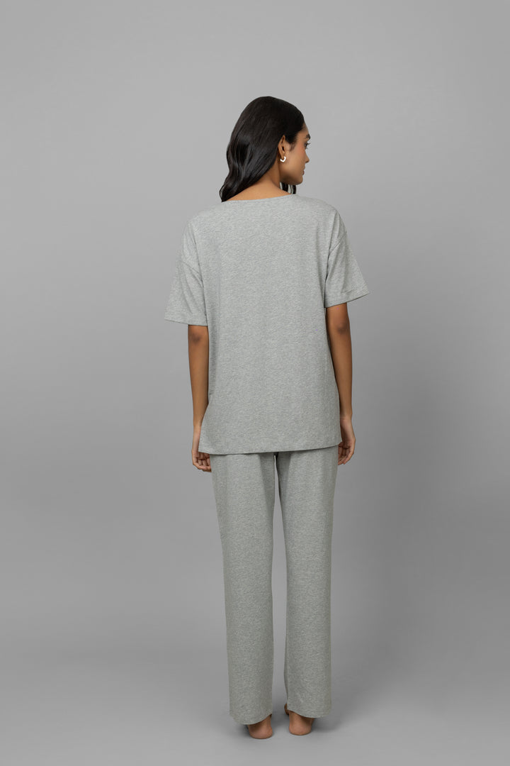 Grey melange cotton lycra side slit pajama set for comfortable loungewear.