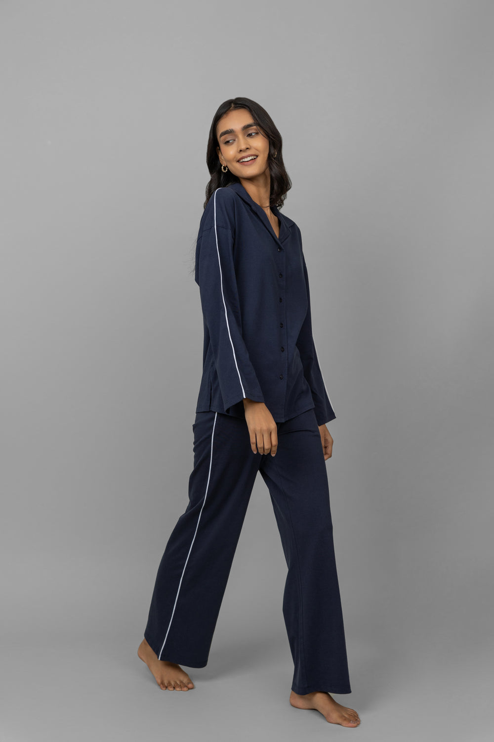 Navy Button down white piping pajama Set