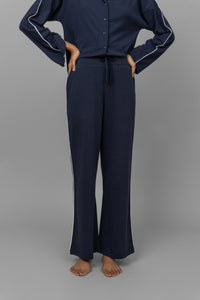 Navy contrast piping pant with relaxed fit and drawstring waist