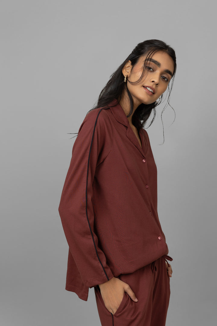 Ruby button down shirt for women in stylish maroon color.