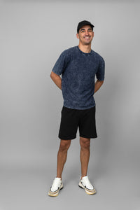 Navy acid wash shorts set for men, stylish casual outfit.