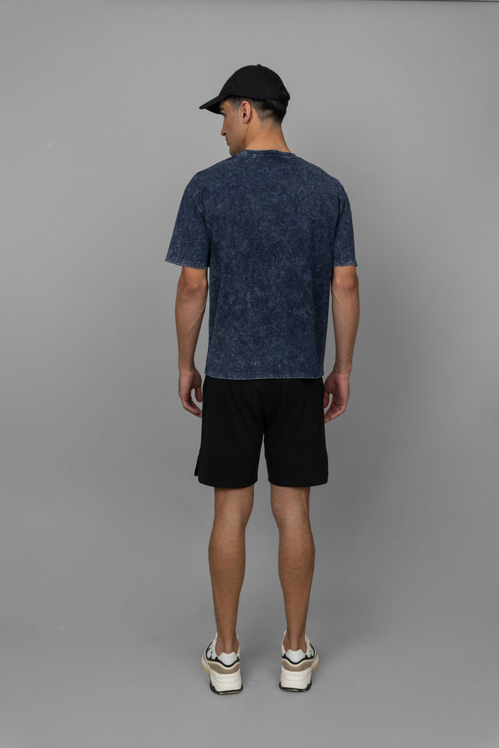 Navy acid wash shorts set for a stylish casual look.