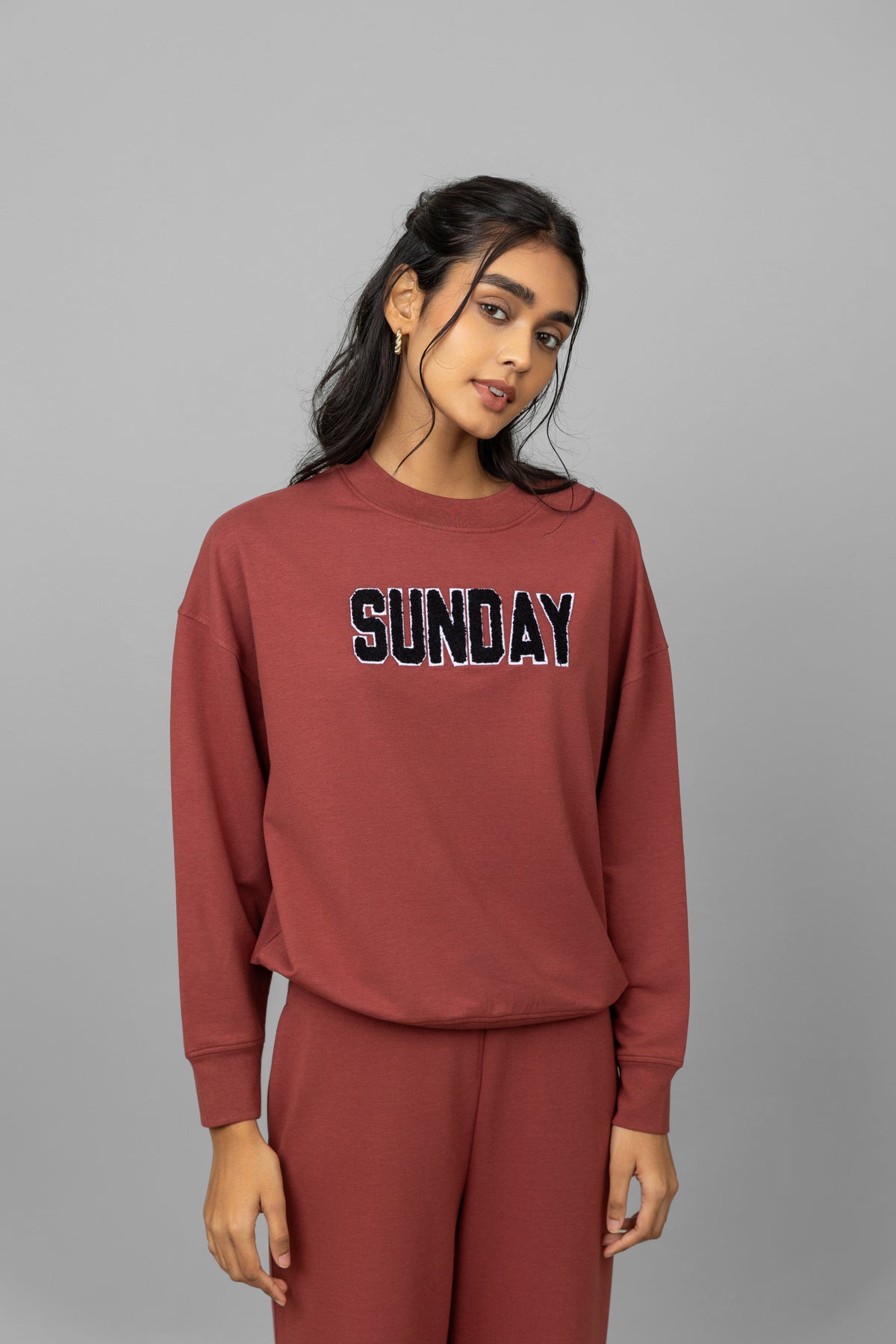 Sunday Travel Bamboo Terry Sweatshirt in rust color, cozy and stylish.