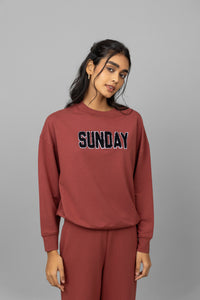 Sunday Travel Bamboo Terry Sweatshirt in rust color, cozy and stylish.