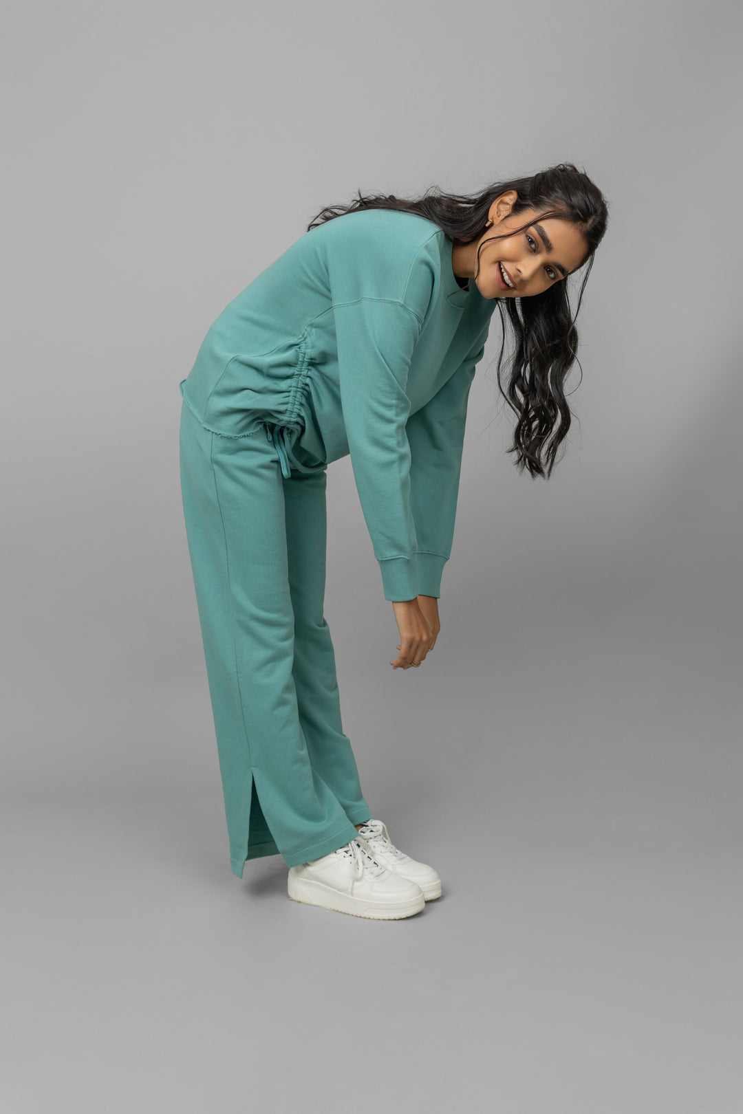 Aqua Terry Ruched Co-ord Set worn by model, stylish and comfortable outfit.