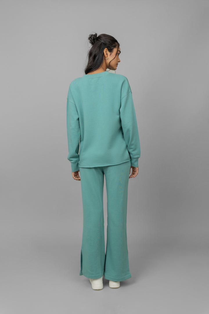 Aqua Terry Ruched Co-ord Set featuring stylish back view and slit pants.