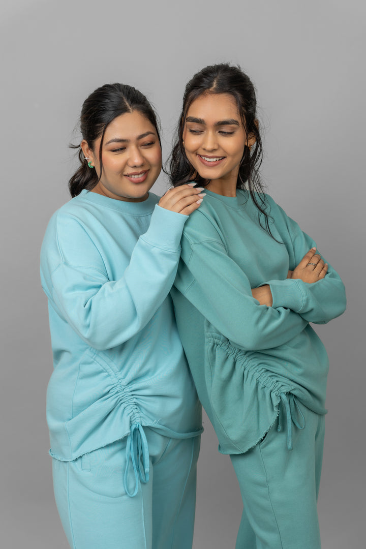 Cotton Terry Sweatshirts on models in light blue and green colors.