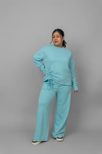 Sky blue terry ruched co-ord set for stylish, comfortable fashion.