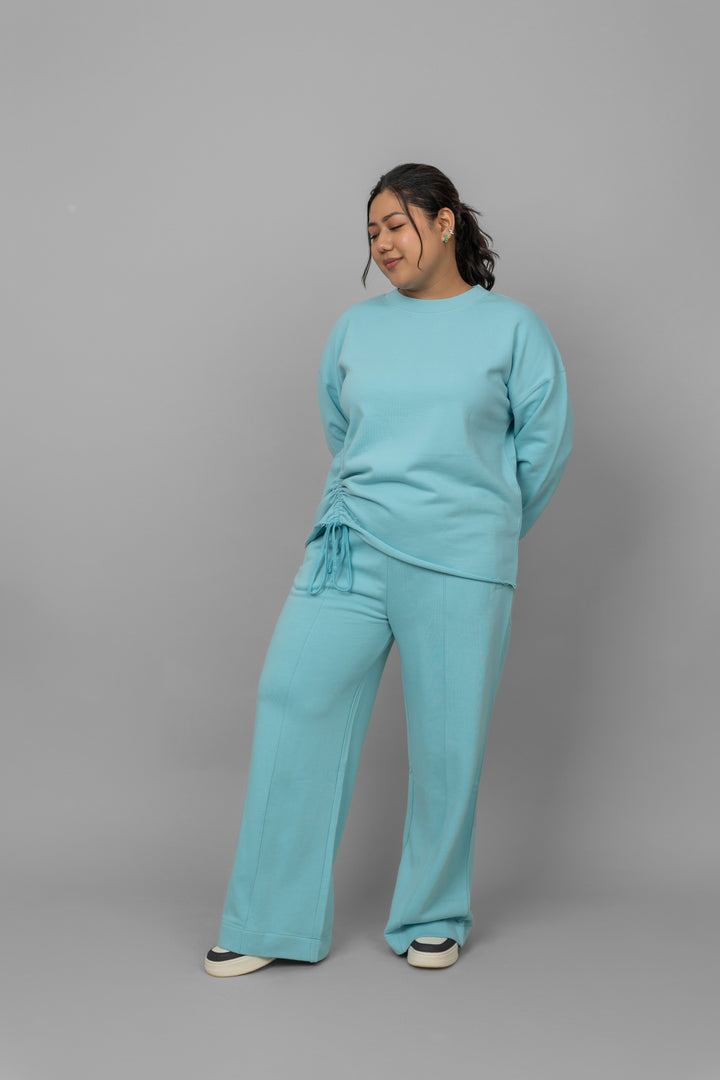 Sky blue terry ruched co-ord set for stylish comfort.
