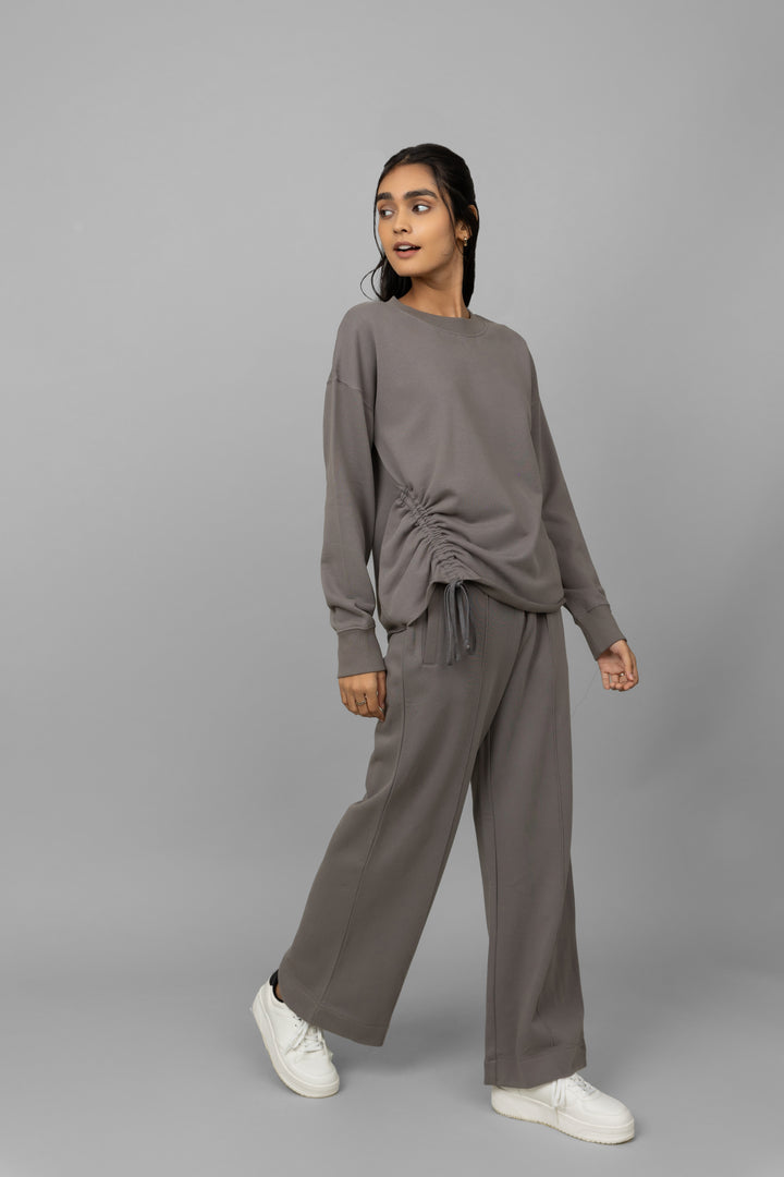 Grey terry ruched co-ord set featuring a relaxed fit and stylish design.