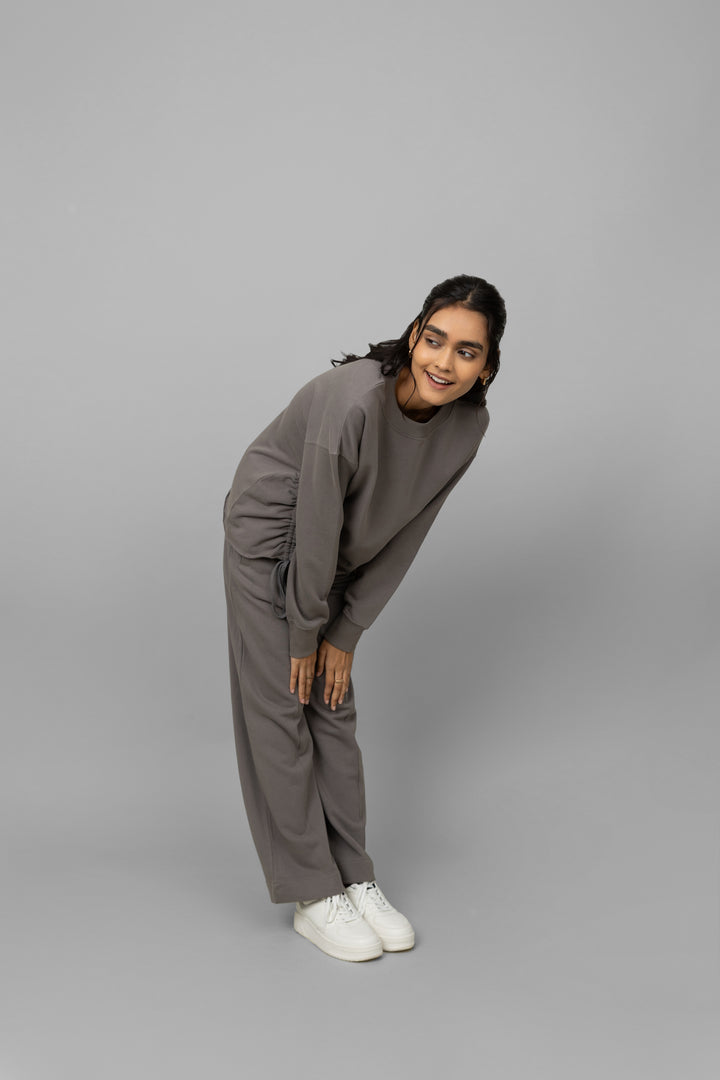 Grey terry ruched co-ord set, stylish loungewear outfit for women.