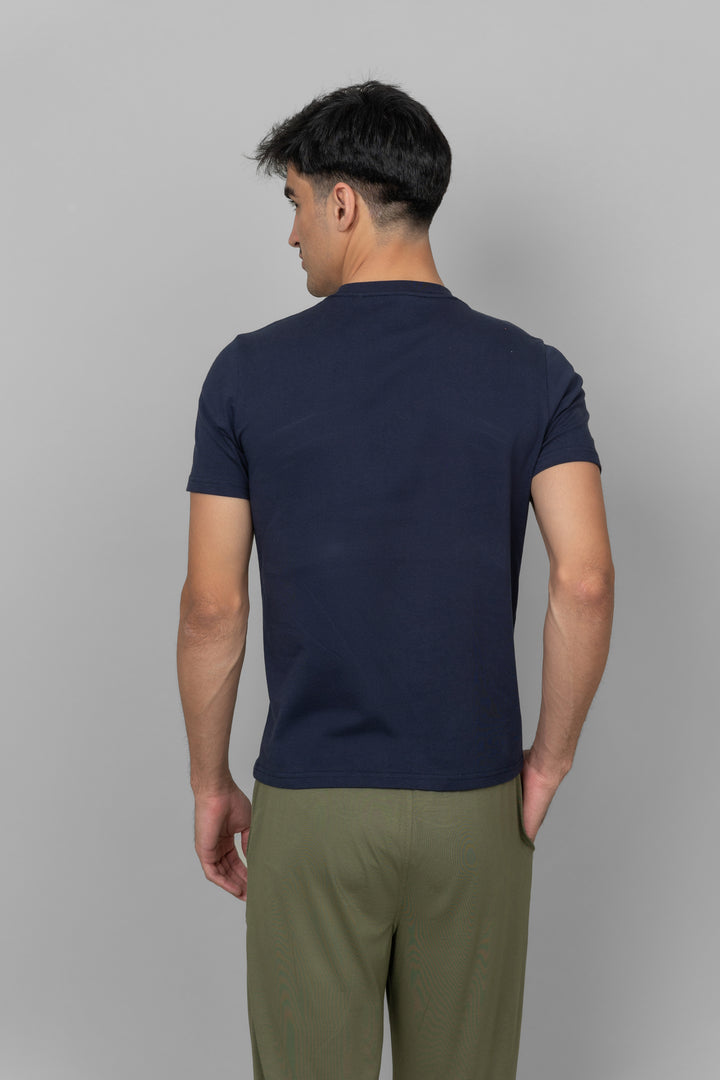 Navy men's essential t-shirt shown from the back view.
