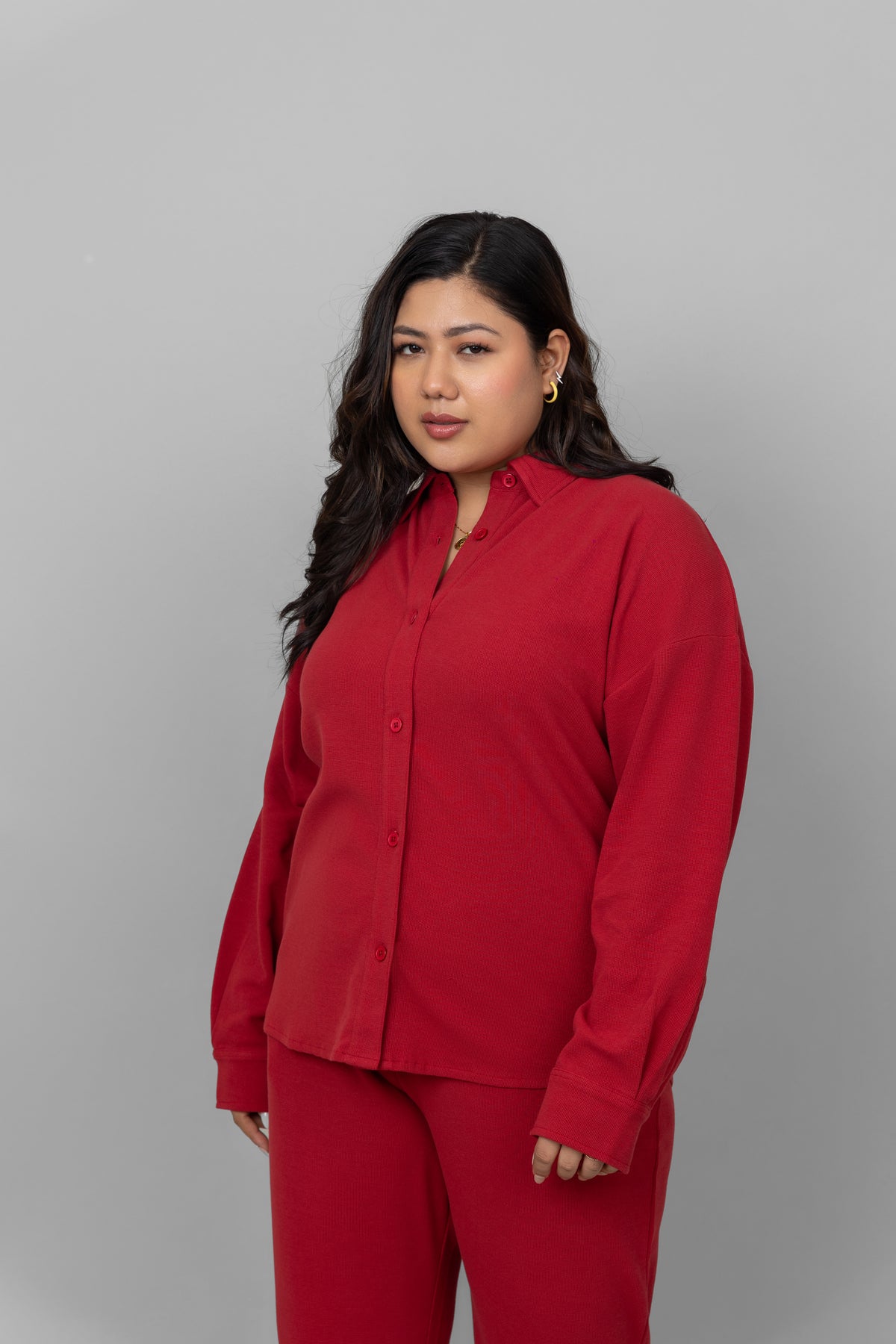 Red Mini Waffle MultiTask Shirt on model, stylish and versatile outfit.