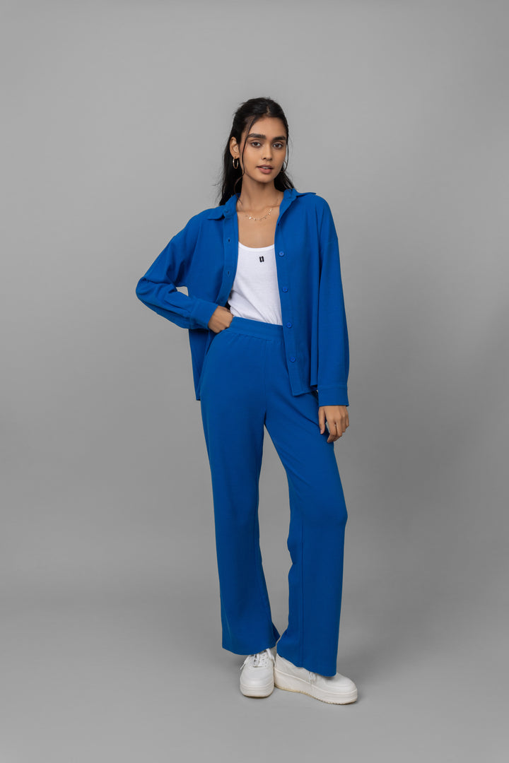 Blue mini waffle pajama set for stylish and comfortable sleepwear.