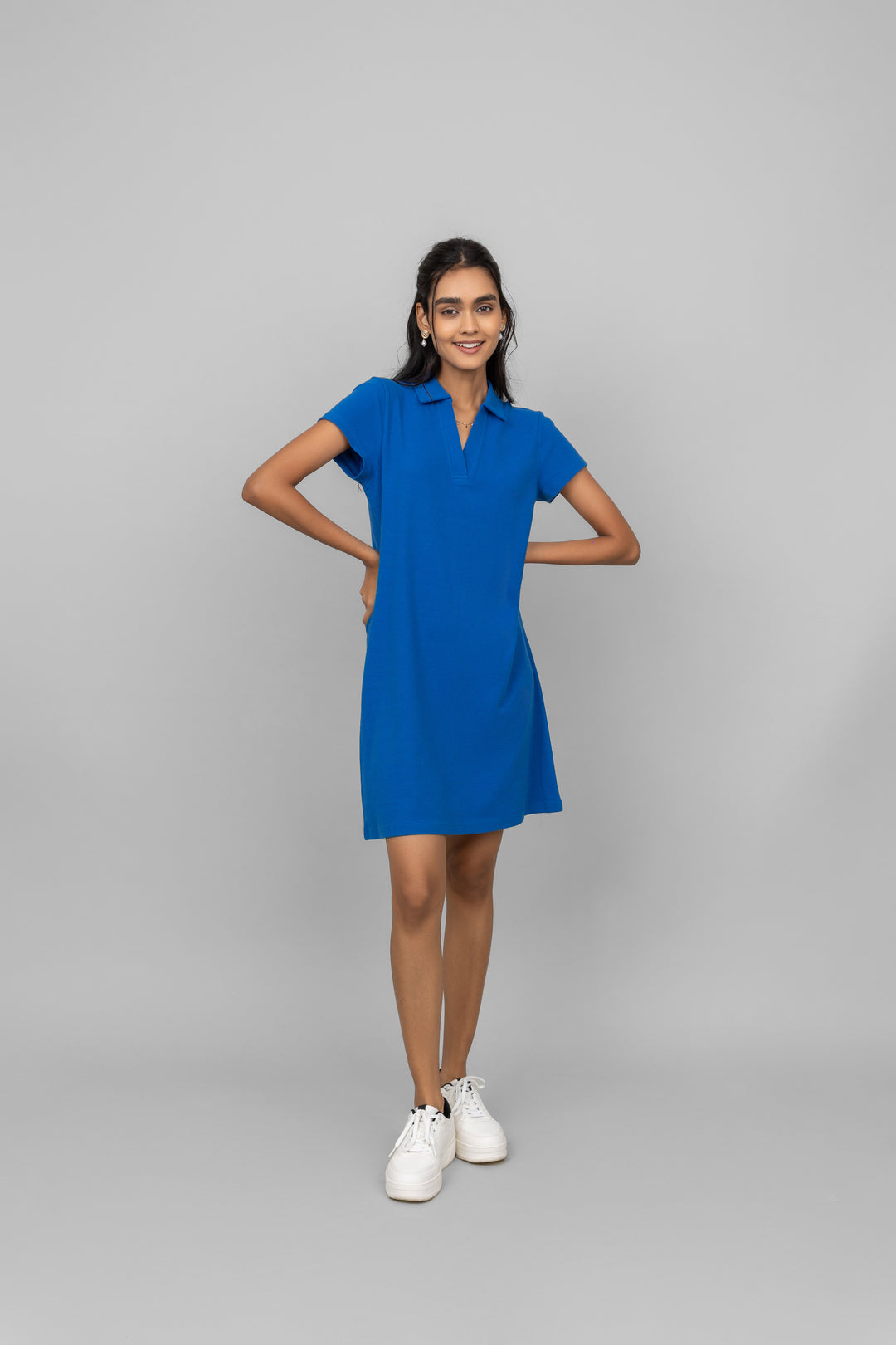 Blue Mini Waffle Short Polo Dress