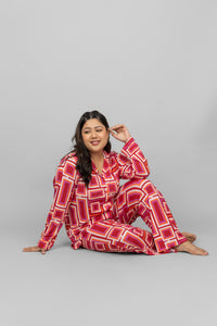 Red Zen full sleeves button down pajama set for comfort and style.