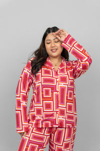 Zen Full Sleeve Button T-Shirt in vibrant geometric print worn by model.