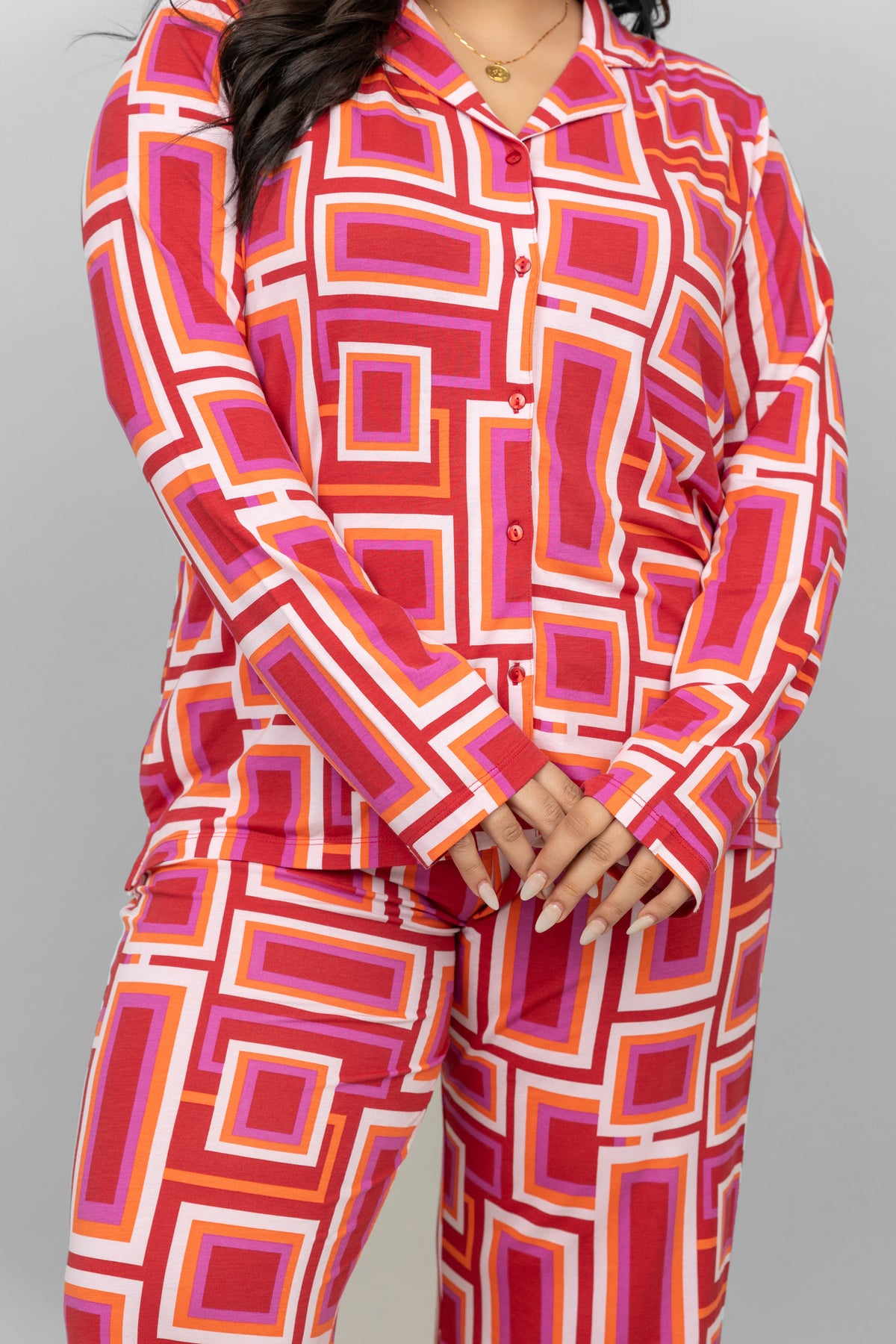 Zen Full Sleeve Button T-Shirt in vibrant geometric pattern, perfect for stylish comfort.