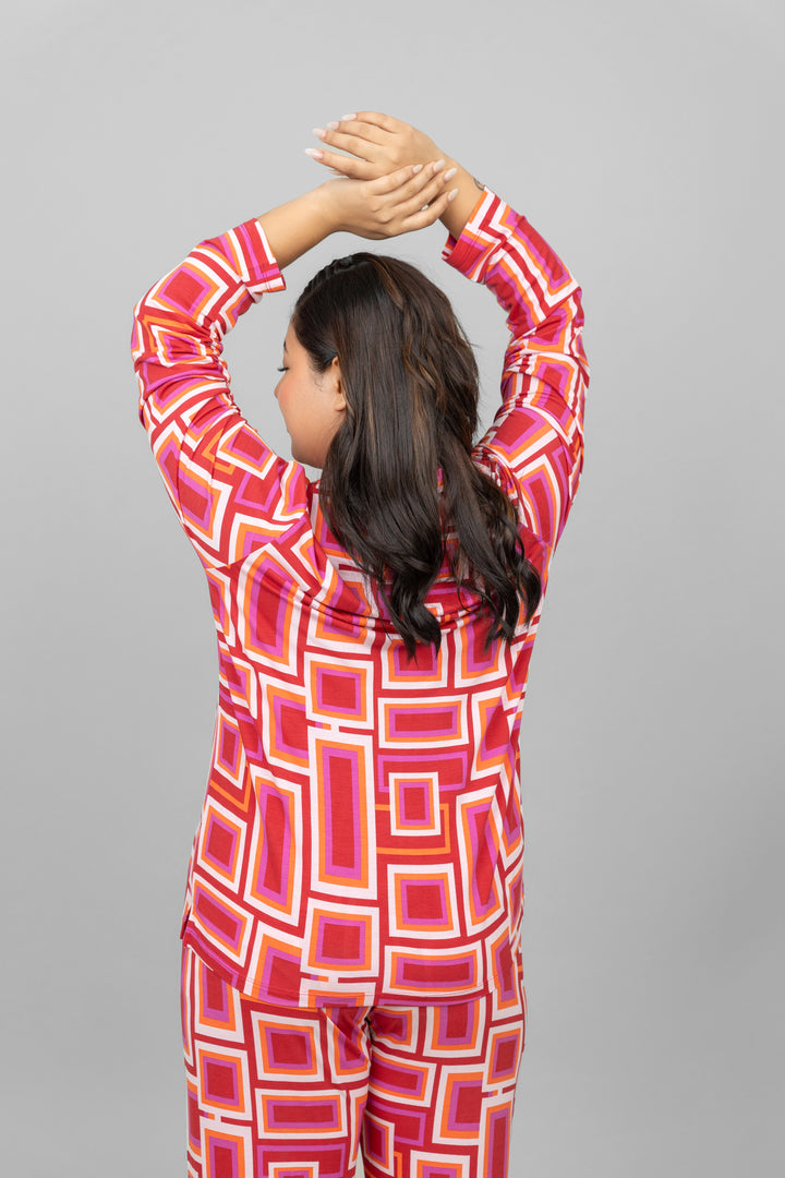 Zen Full Sleeve Button T-Shirt in colorful geometric pattern, stylish and comfortable.