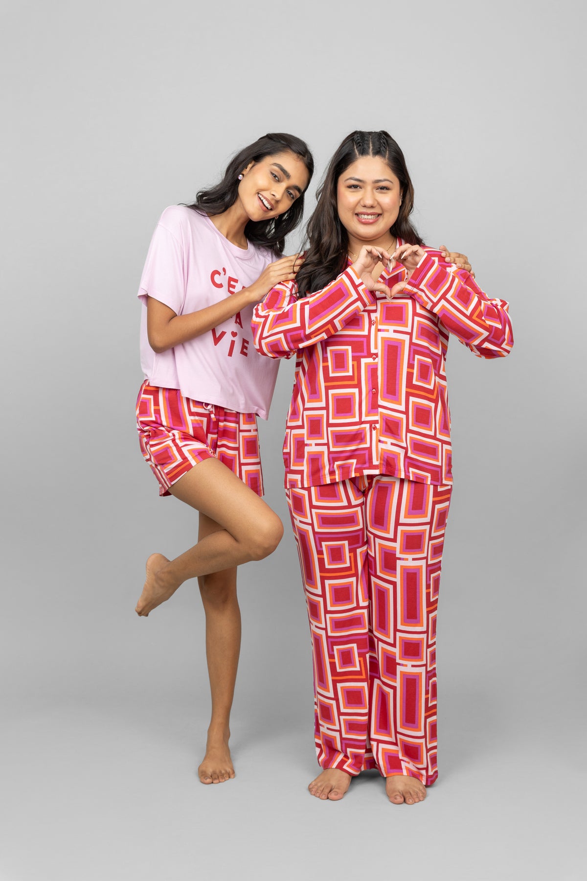Zen Full Sleeve Button T-Shirt styled with vibrant patterned pajamas.