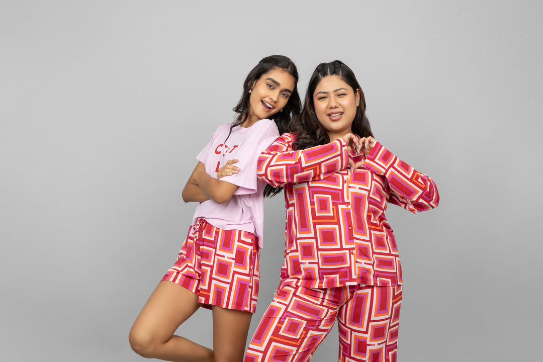 C'est La Vie pink pajama set, stylish and comfortable, featuring modern patterns.