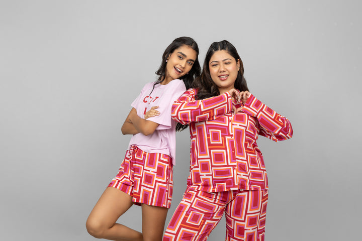 C'est La Vie pink pajama set, stylish and comfortable, featuring modern patterns.