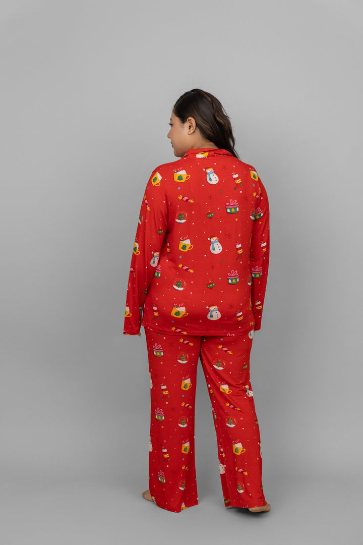 Christmas full sleeve button t-shirt in festive red pattern design.