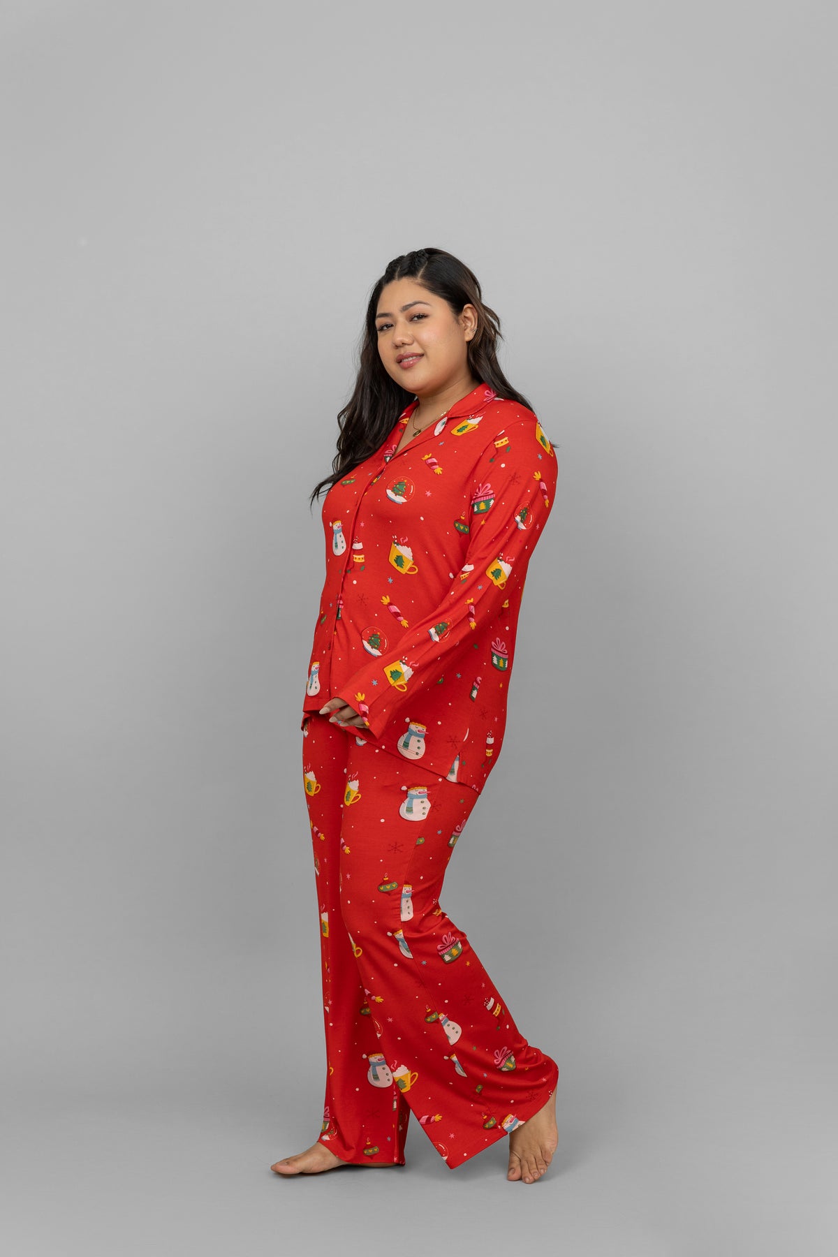 Christmas full sleeve button t-shirt in festive red with holiday prints.
