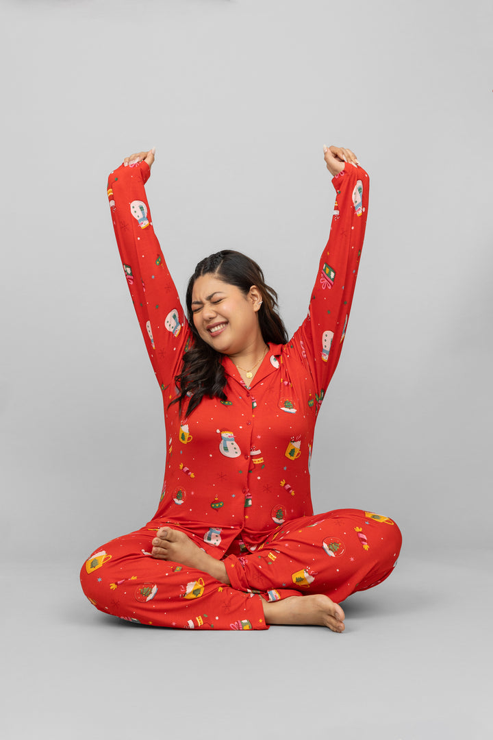 Christmas full sleeve button t-shirt in vibrant red with festive patterns.