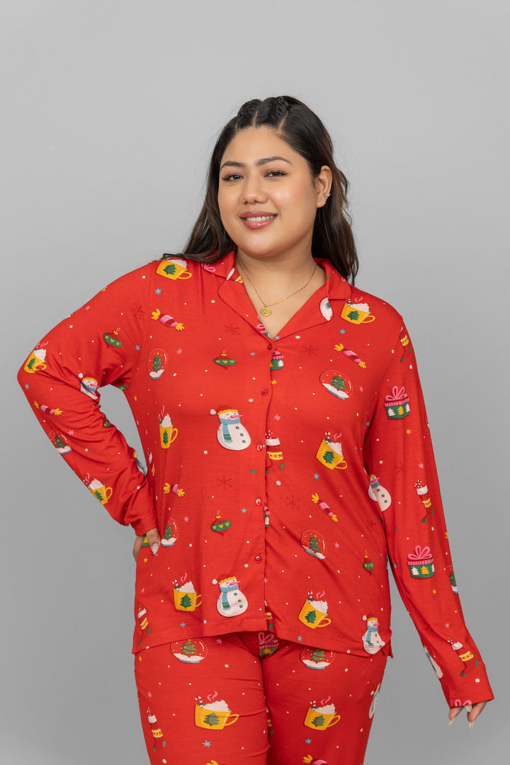 Christmas Full Sleeves Button Down Pajama Set