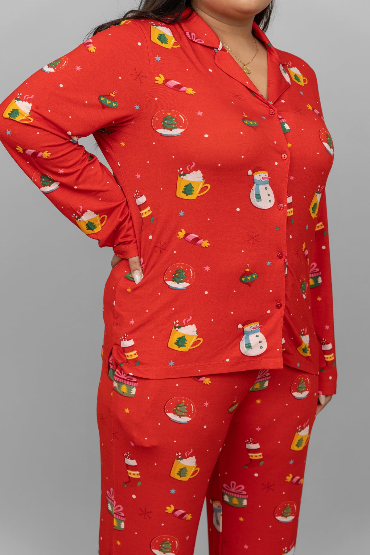 Christmas-themed full sleeve button shirt in festive red design.