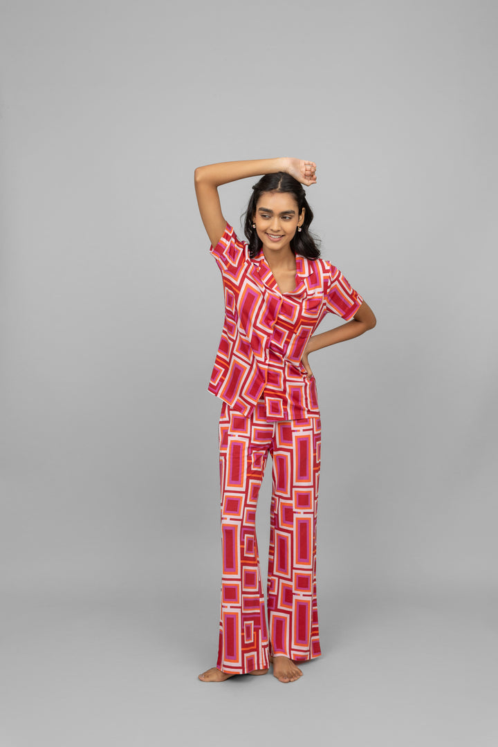 Red Zen half sleeves button down pajama set for comfortable lounging.