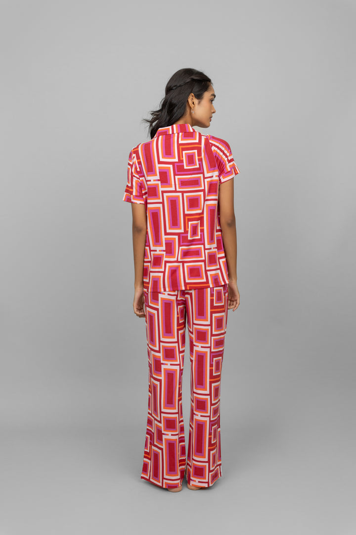 Red Zen Half Sleeves Button Down Pajama Set for women.