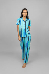 AquaWave half sleeve button down pajama set in trendy blue pattern.