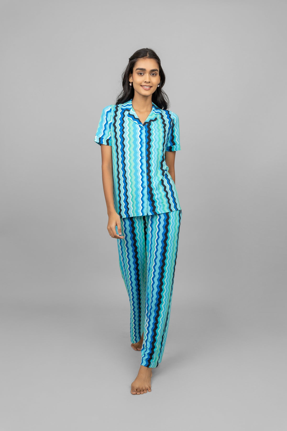 AquaWave Half Sleeve Button T-Shirt in vibrant zigzag pattern.