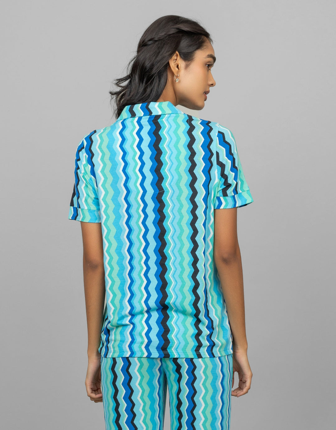 AquaWave Half Sleeve Button T-Shirt in vibrant zigzag pattern.