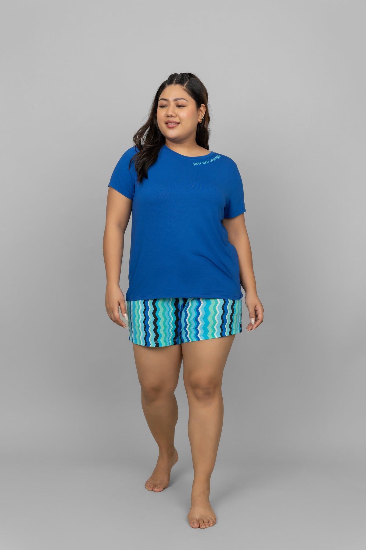 You Are Energy Shorts Set in blue and patterned shorts for women.