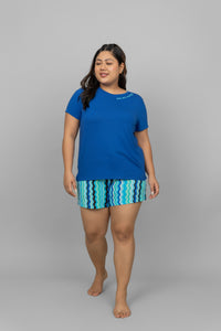 You Are Energy Shorts Set in blue and patterned shorts for women.