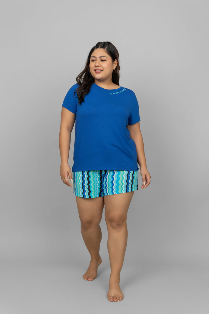You Are Energy Shorts Set in blue and patterned shorts for women.