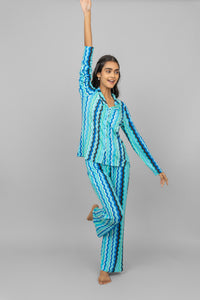 AquaWave full sleeve blue pajama set with stylish zigzag pattern.
